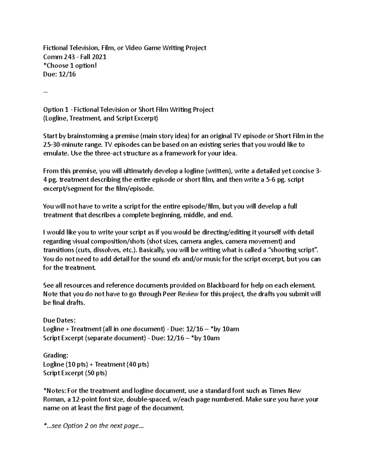 Comm 243 - Fictional Television, Film, or Video Game Writing Project ...