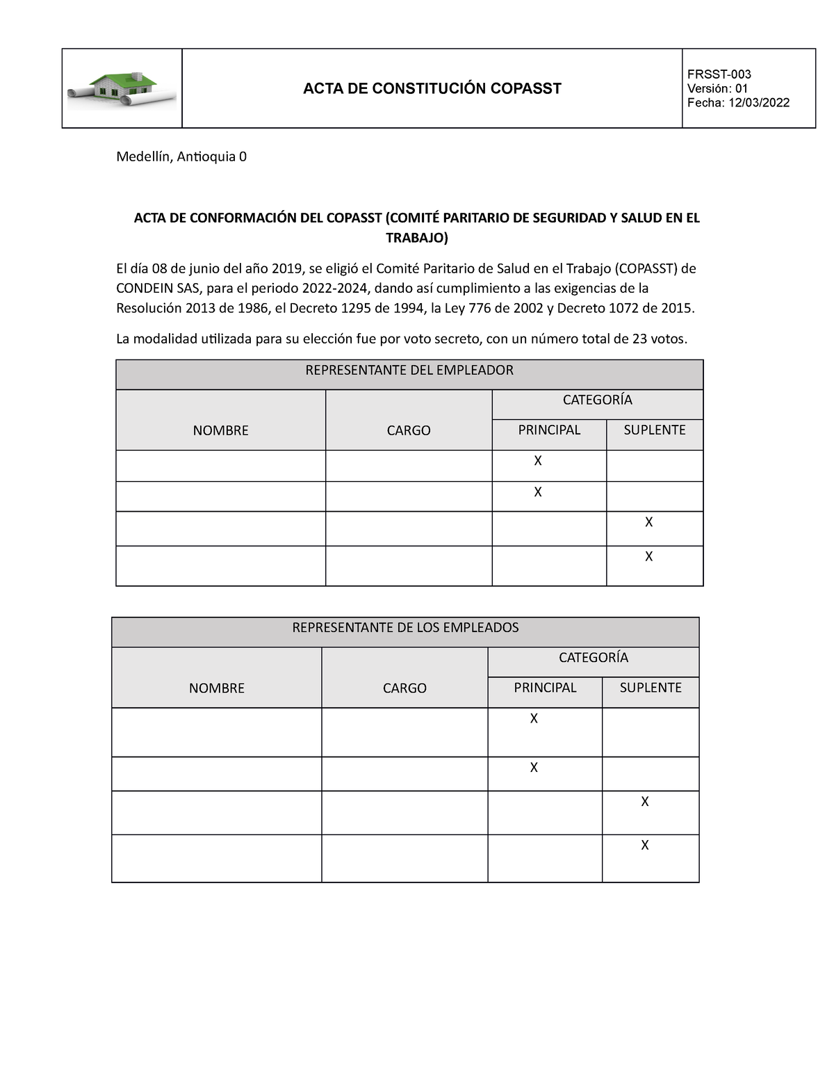Acta Del Nombramiento Del Copasst Acta De ConstituciÓn Copasst Frsst