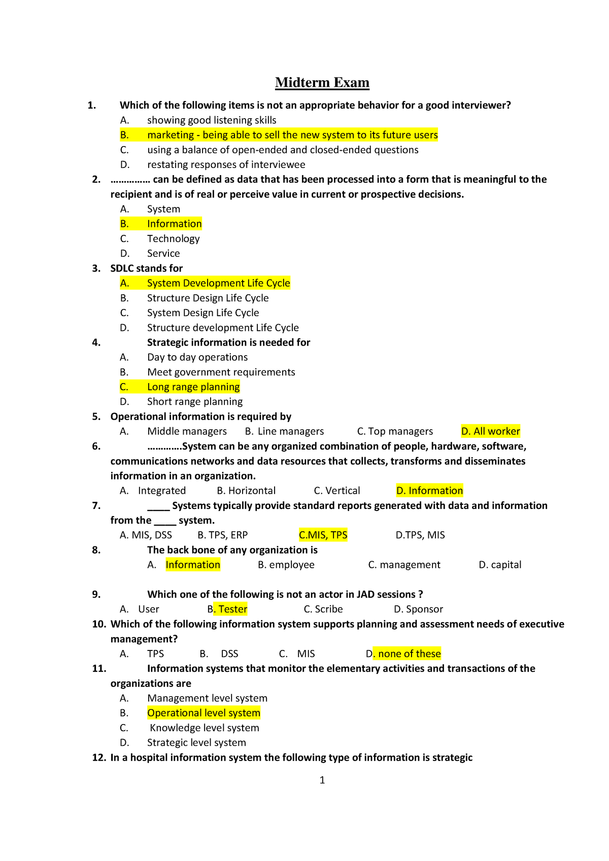 Midterm Exam Model Answer - Midterm Exam 1. Which Of The Following ...