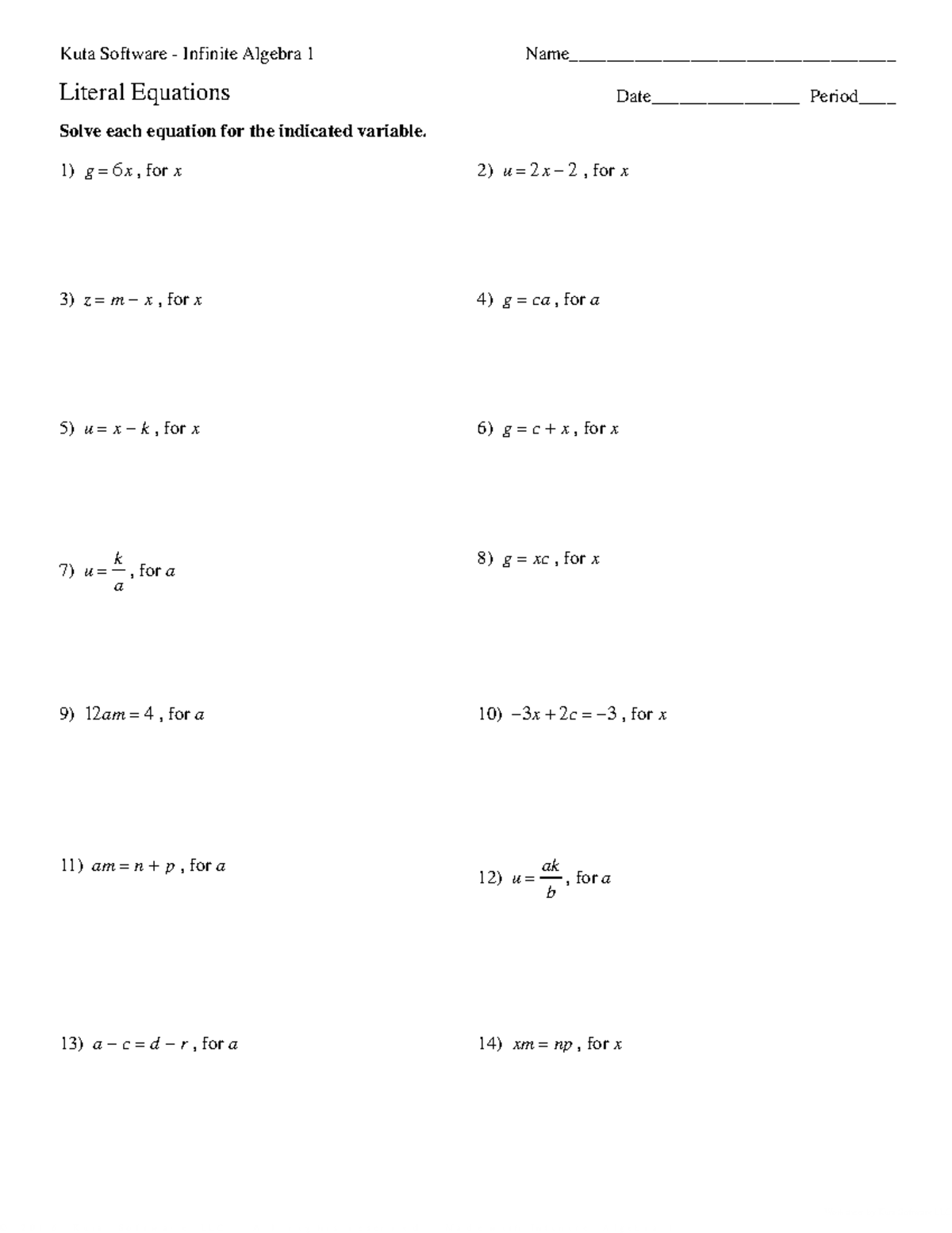 Literal Equations VNPS - ©v w2z0y1M6D wKPustlaM ES[obfStywFarrWep ...