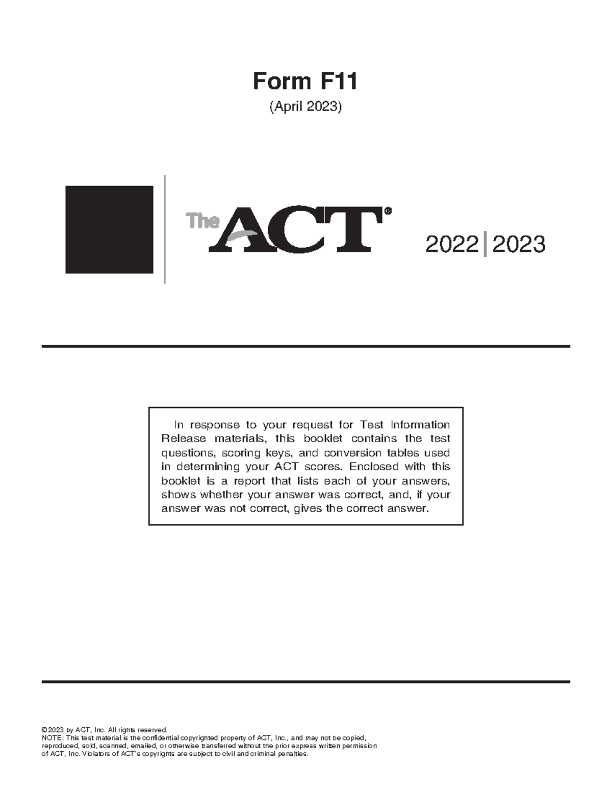 F11 act test booklet for practice © 2023 by ACT, Inc. All rights