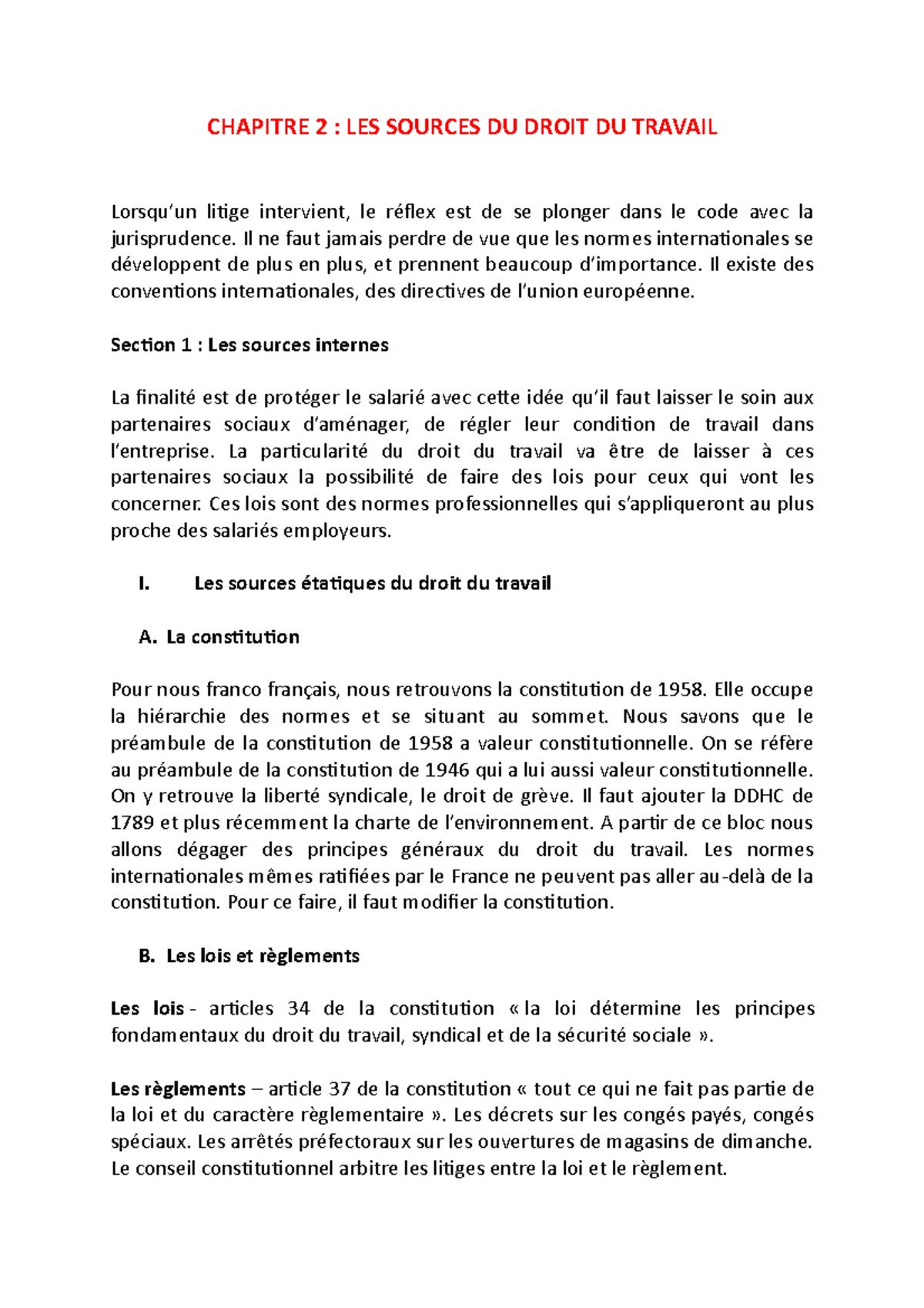 Droit du travail - les sources du droit du travail - CHAPITRE 2 : LES ...