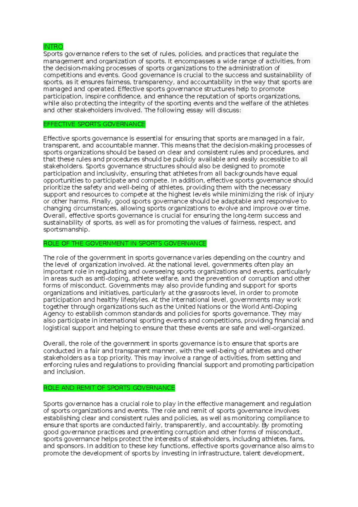 Sports Marketing Essays INTRO Sports governance refers to the set