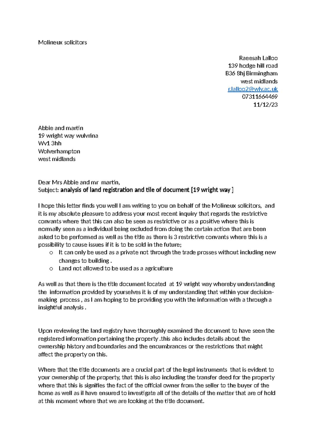 Client care letter - Molineux solicitors Raeesah Lalloo 139 hodge hill ...