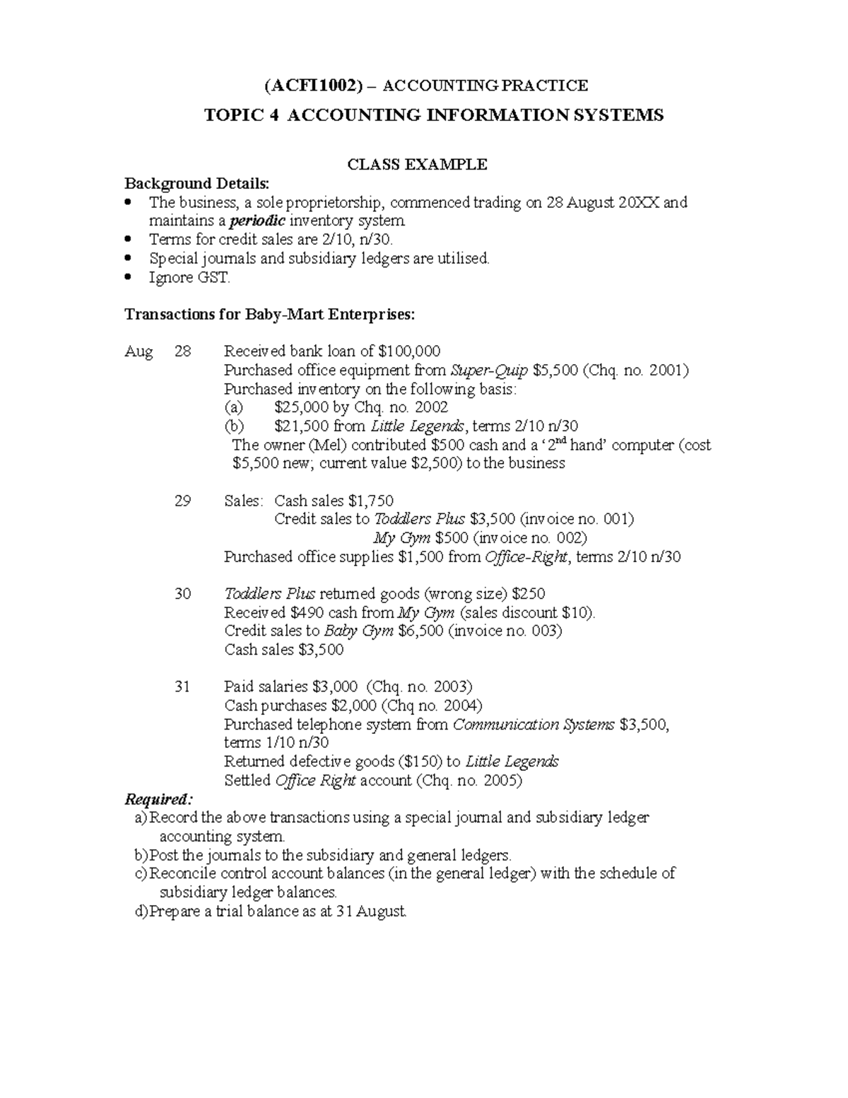 Week 4 Workshop Question using Manual and MYOB-1 - (ACFI1002 ...
