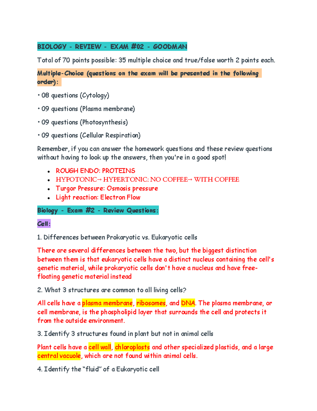 Biology Review EXAM 02 Goodman BIOLOGY REVIEW EXAM 02
