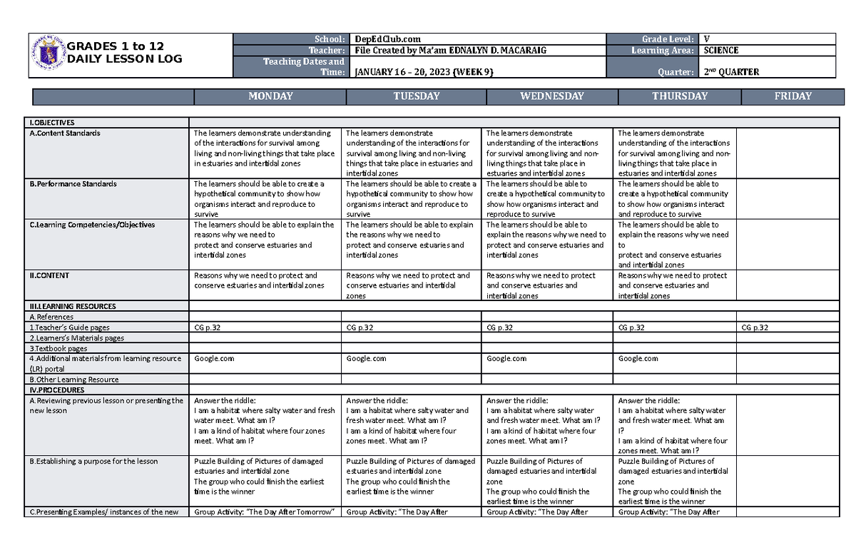 DLL Science 5 Q2 W9 - Jibjks - GRADES 1 to 12 DAILY LESSON LOG School ...