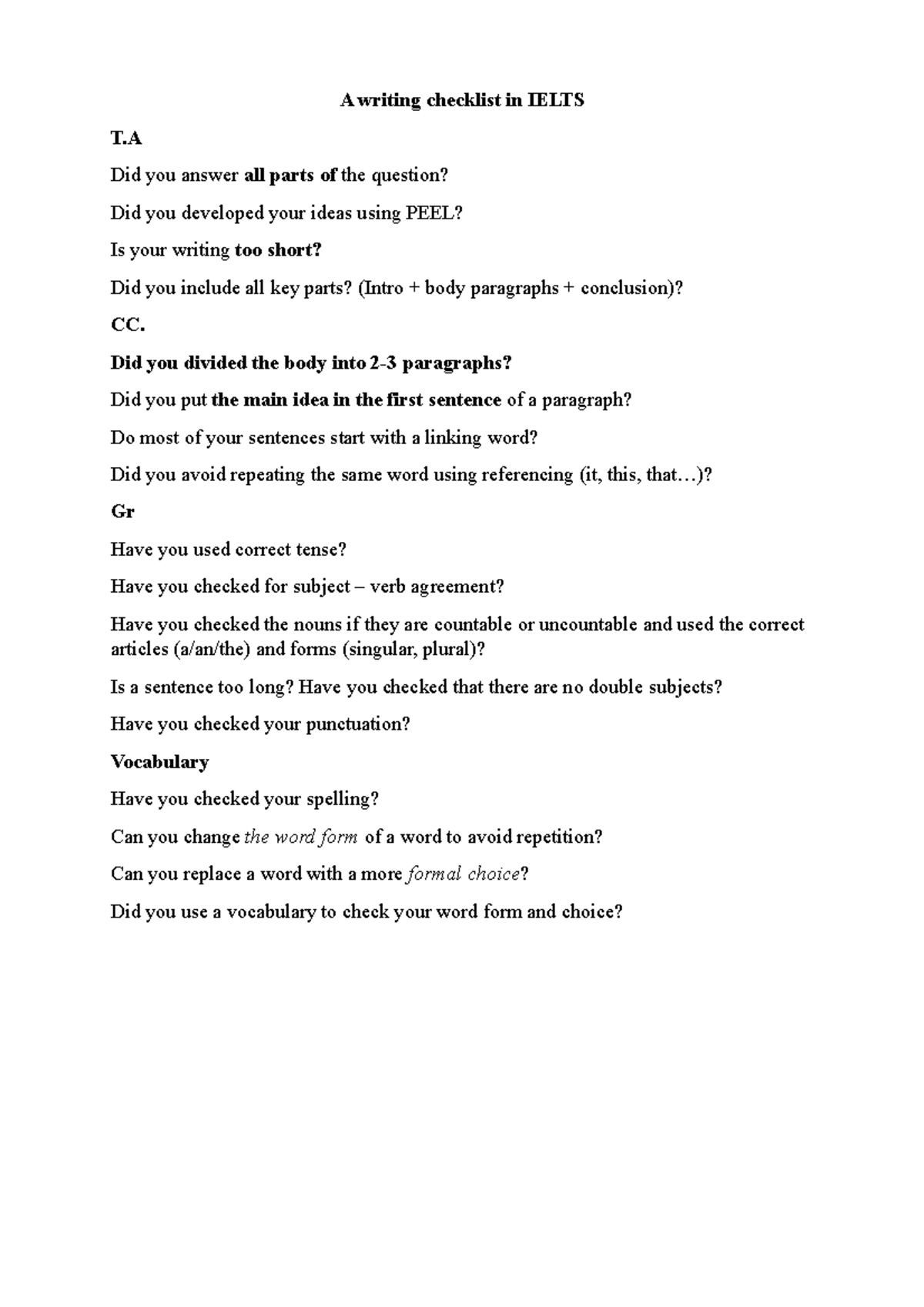 A writing checkist in Ielts A writing checklist in IELTS T Did you