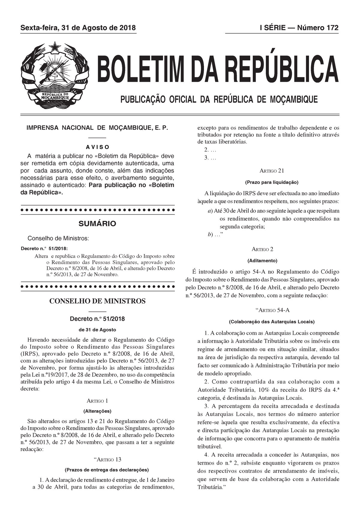 Regulamento Irps dec. 56 - BOLETIM DA REPÚBLICA PUBLICAÇÃO OFICIAL DA ...