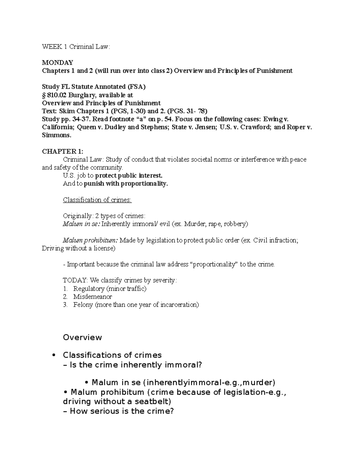 Class 1 - Punishment Criminal Notes - WEEK 1 Criminal Law: MONDAY ...