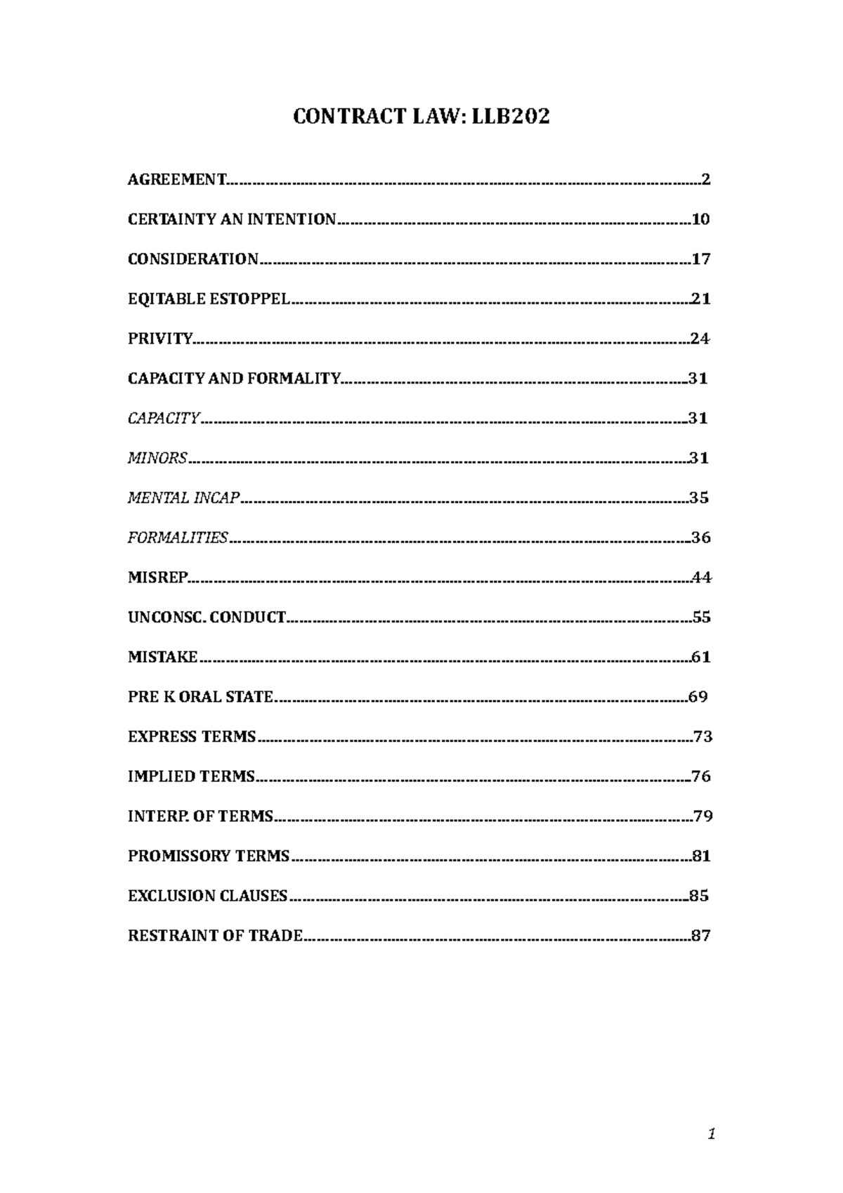 Contracts Notes - CONTRACT LAW: LLB202 AGREEMENT ...