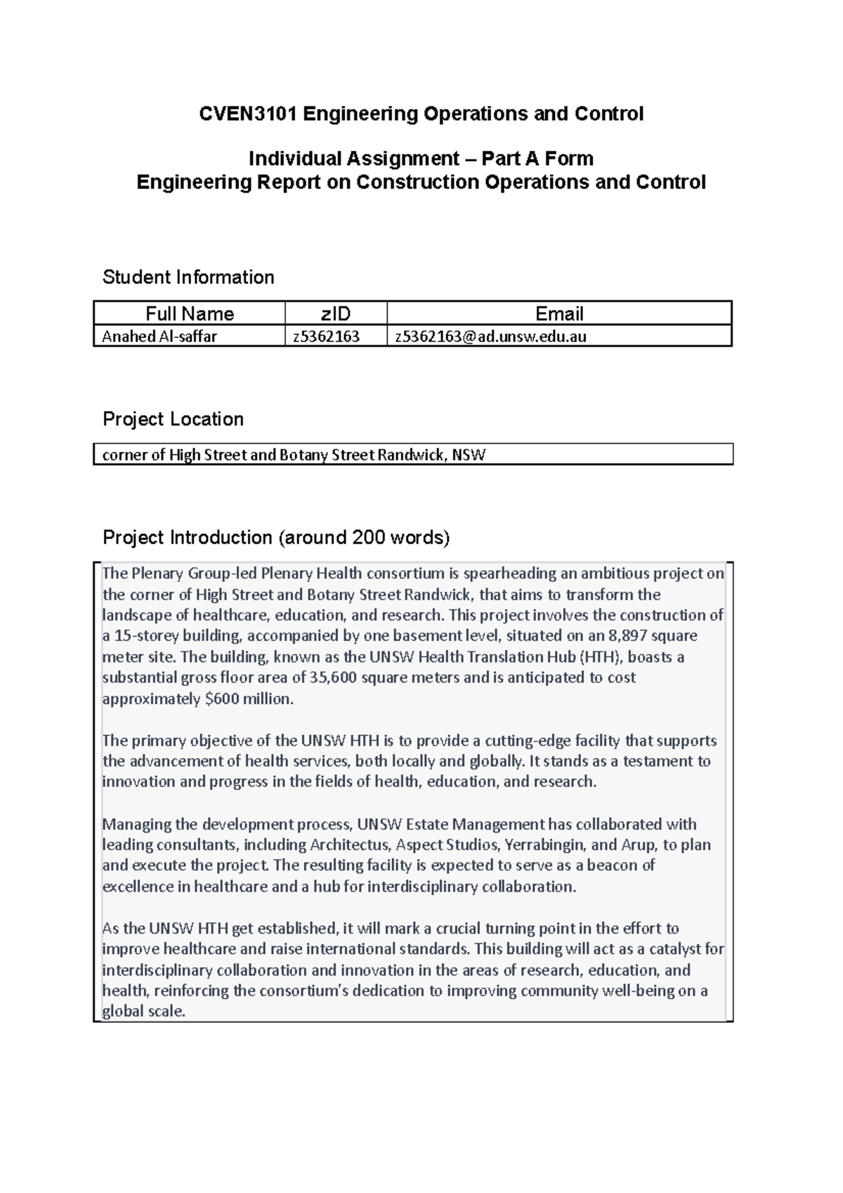Assessment 1 - Part A Template - CVEN3101 Engineering Operations and ...