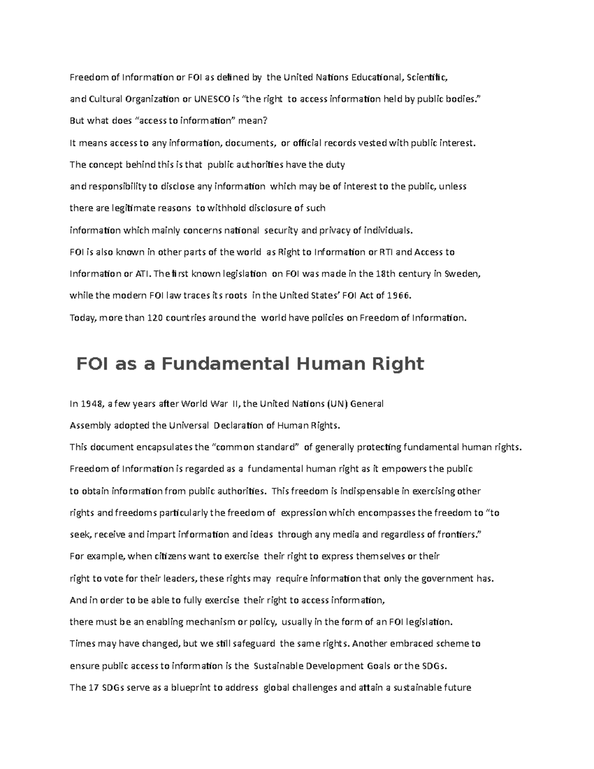 Freedom of Information or FOI as defined by the United Nations ...