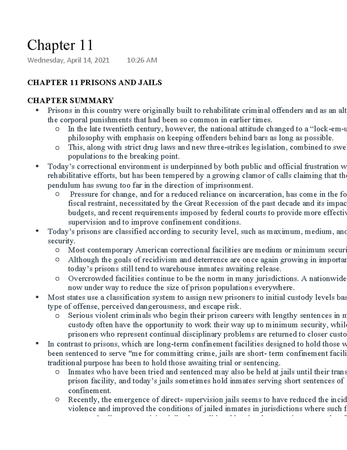 Chapter 11 - Lecture Notes 11 - CHAPTER 11 PRISONS AND JAILS CHAPTER ...