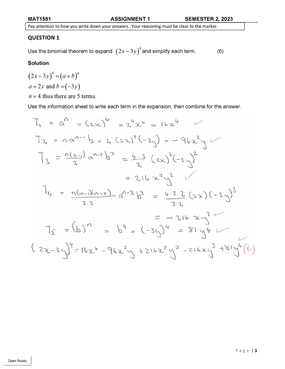 Solutions Assignment 1 Semester 2, 2023 - MAT1581 ASSIGNMENT 1 SEMESTER ...