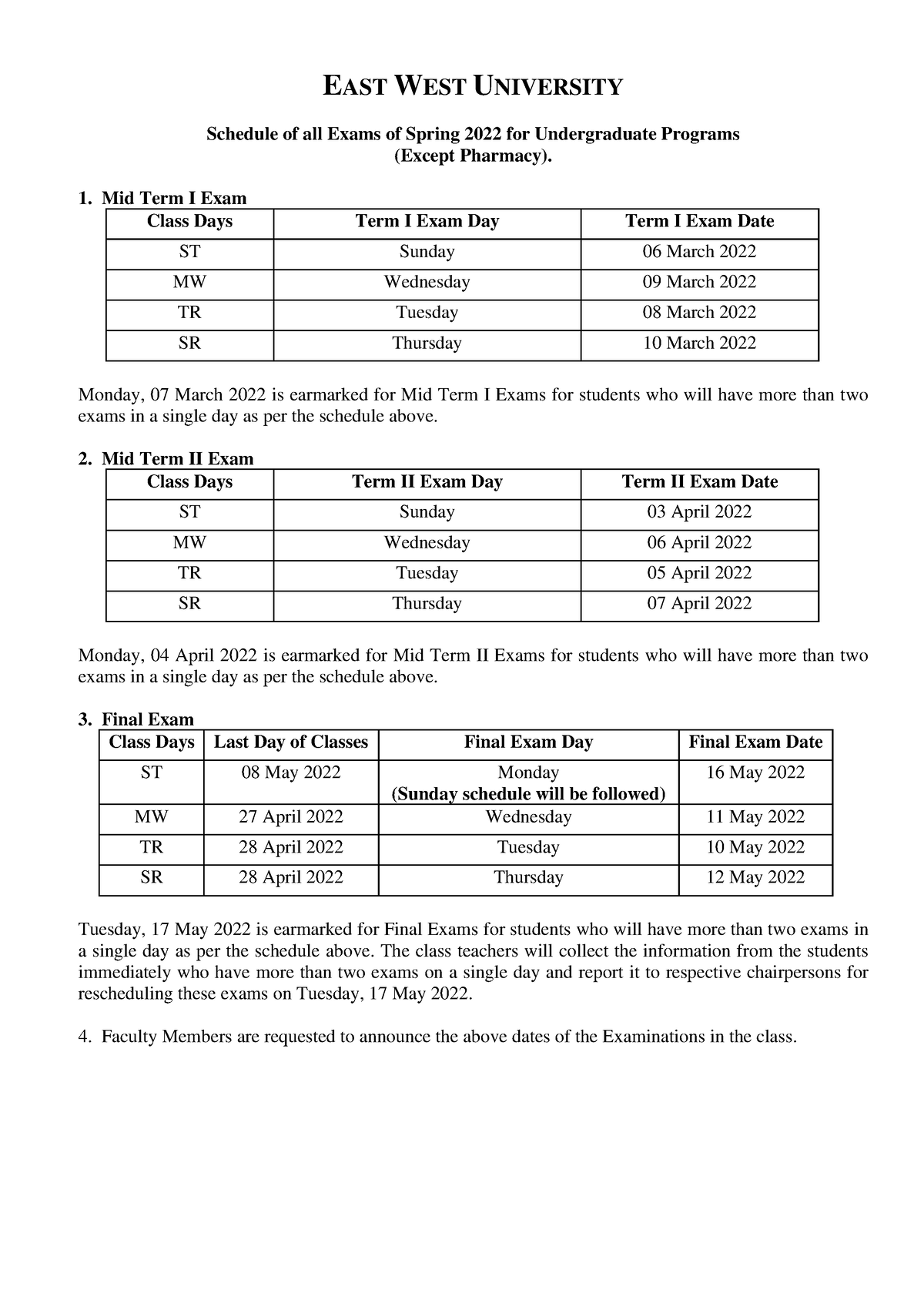 61ed03d5db1e4461395319 EAST WEST UNIVERSITY Schedule of all Exams of