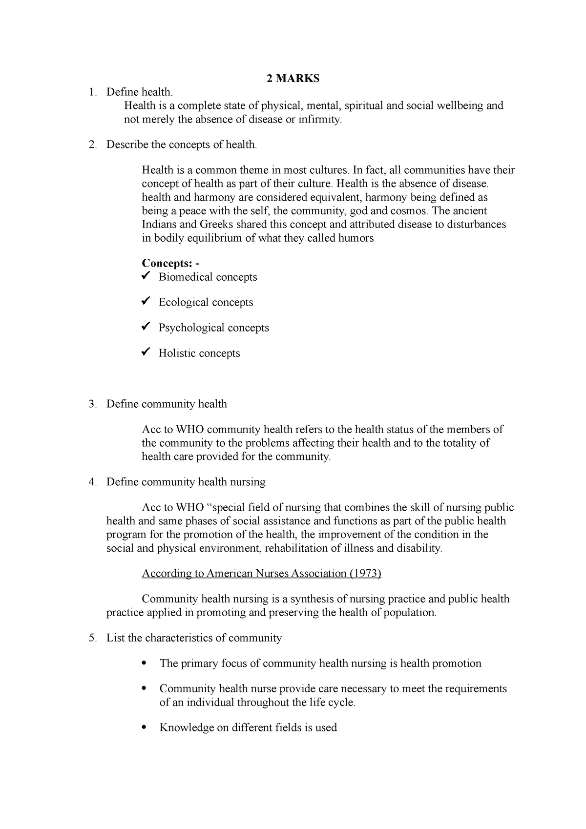 Chn 2 marks - Solved answers - 2 MARKS Define health. Health is a ...