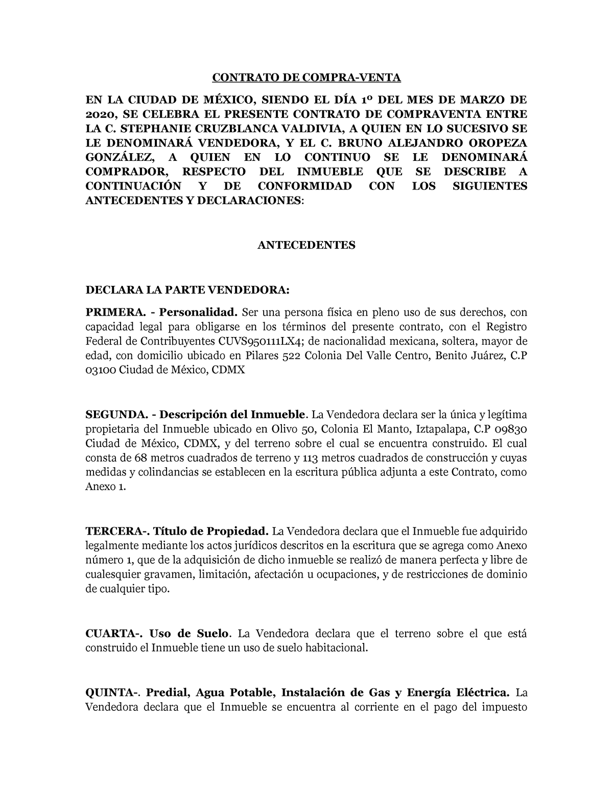 Contrato De Compraventa Ejemplo Contrato De Compra Venta En La Ciudad De MÉxico Siendo El DÍa 6215