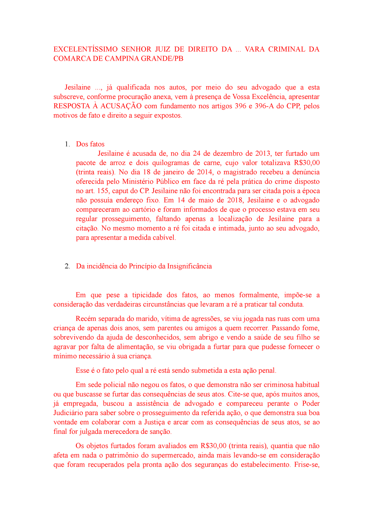 Resposta À Acusação ExcelentÍssimo Senhor Juiz De Direito Da Vara Criminal Da Comarca De 9730