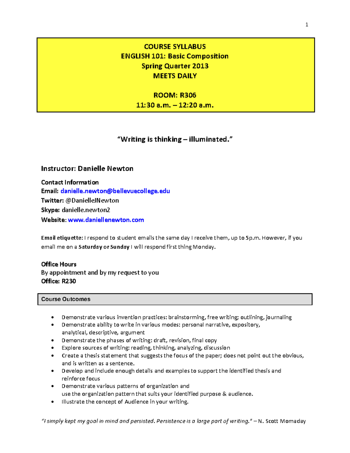 101 h syll sp13 - Good - COURSE SYLLABUS ENGLISH 101: Basic Composition ...