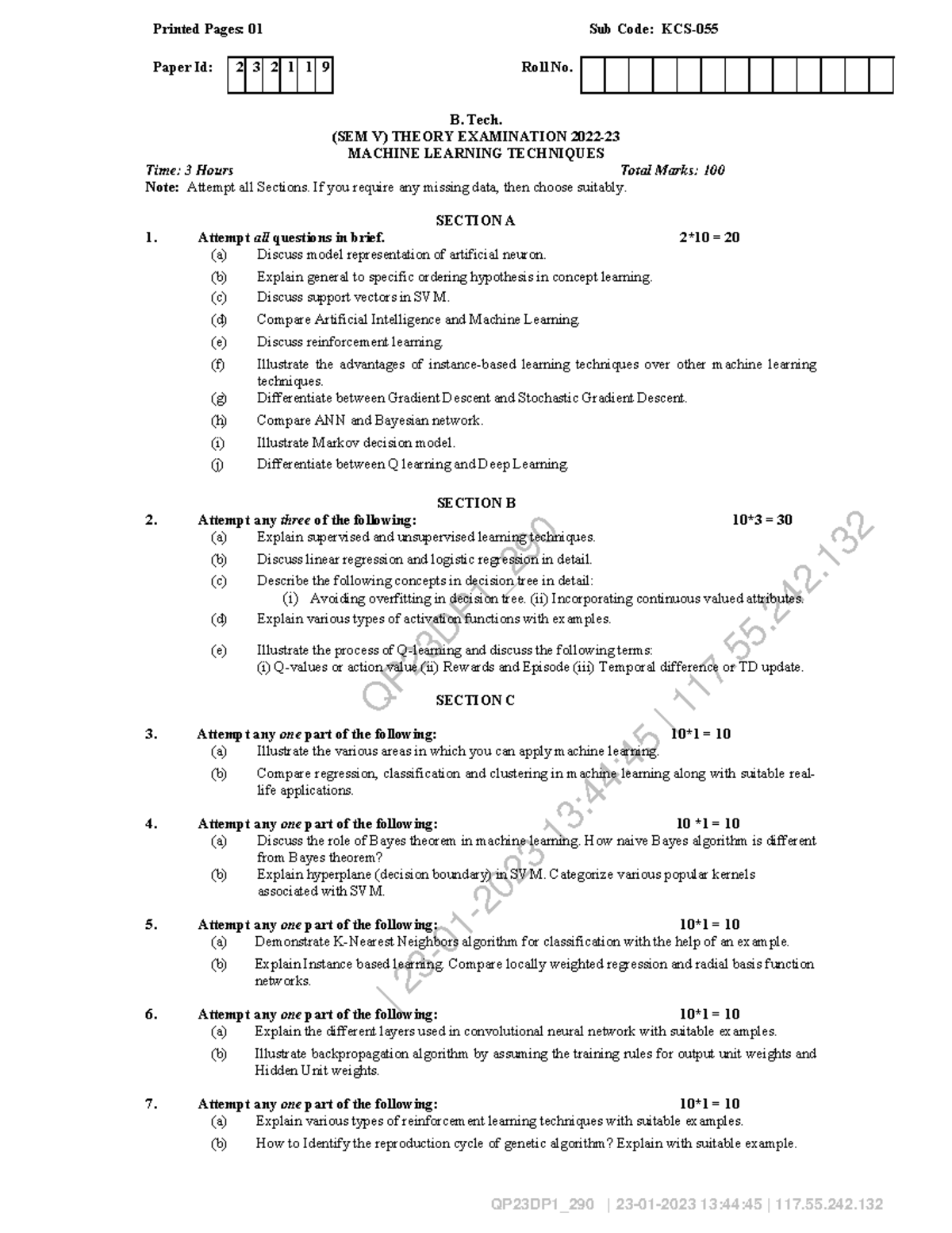 Question Paper machine learning techniques kcs055 2023 - QP23DP1_ | 23 ...