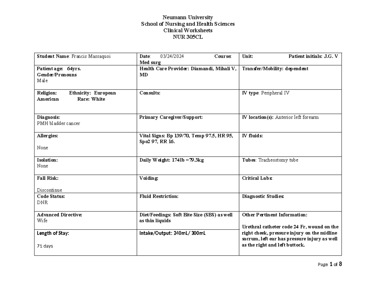 Clinical paperwork NUR305CL - School of Nursing and Health Sciences ...