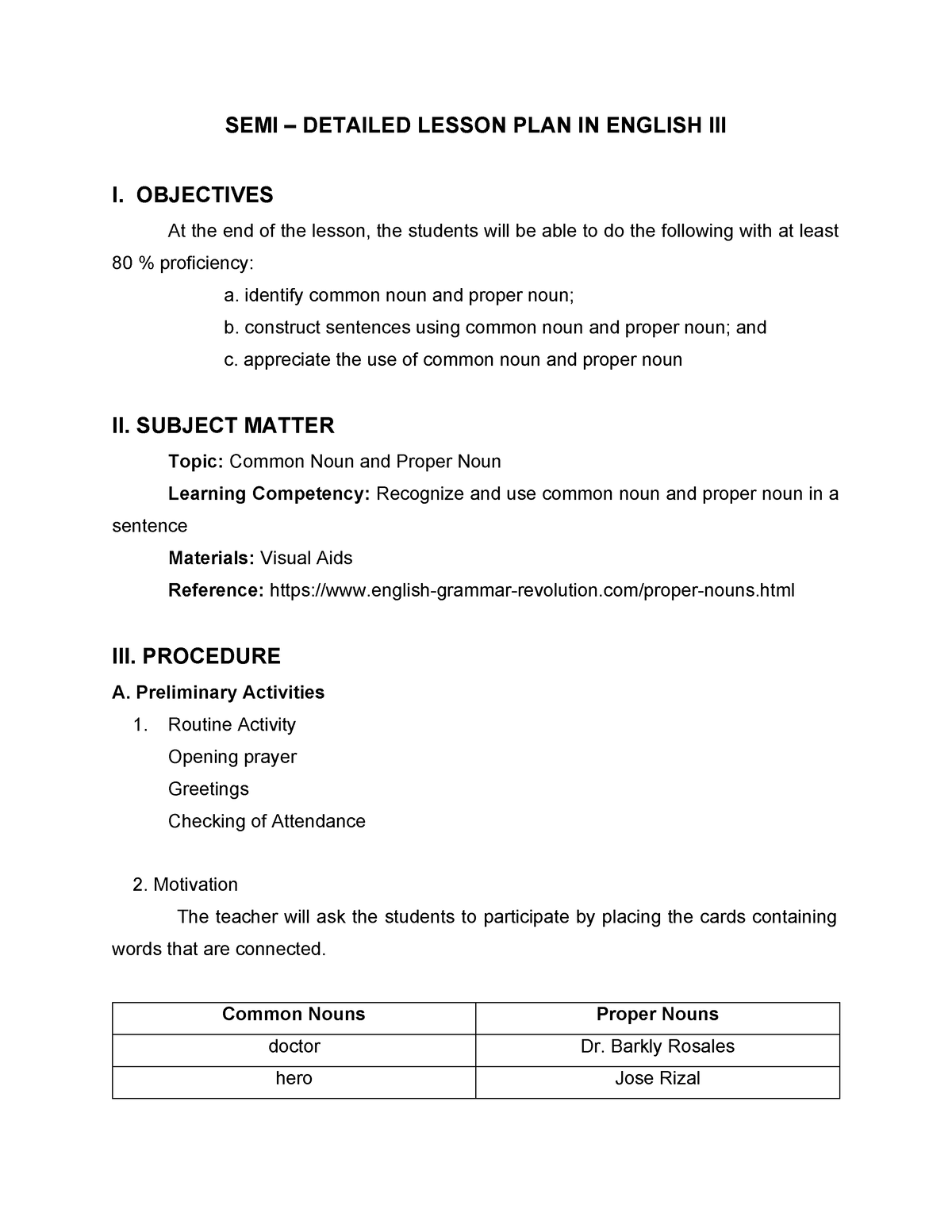 Lesson Plan Lesson Plan Common Noun And Proper Noun Semi Detailed Lesson Plan In English