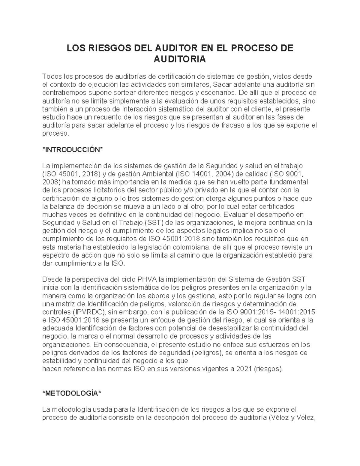 auditoria en sst - LOS RIESGOS DEL AUDITOR EN EL PROCESO DE AUDITORIA ...
