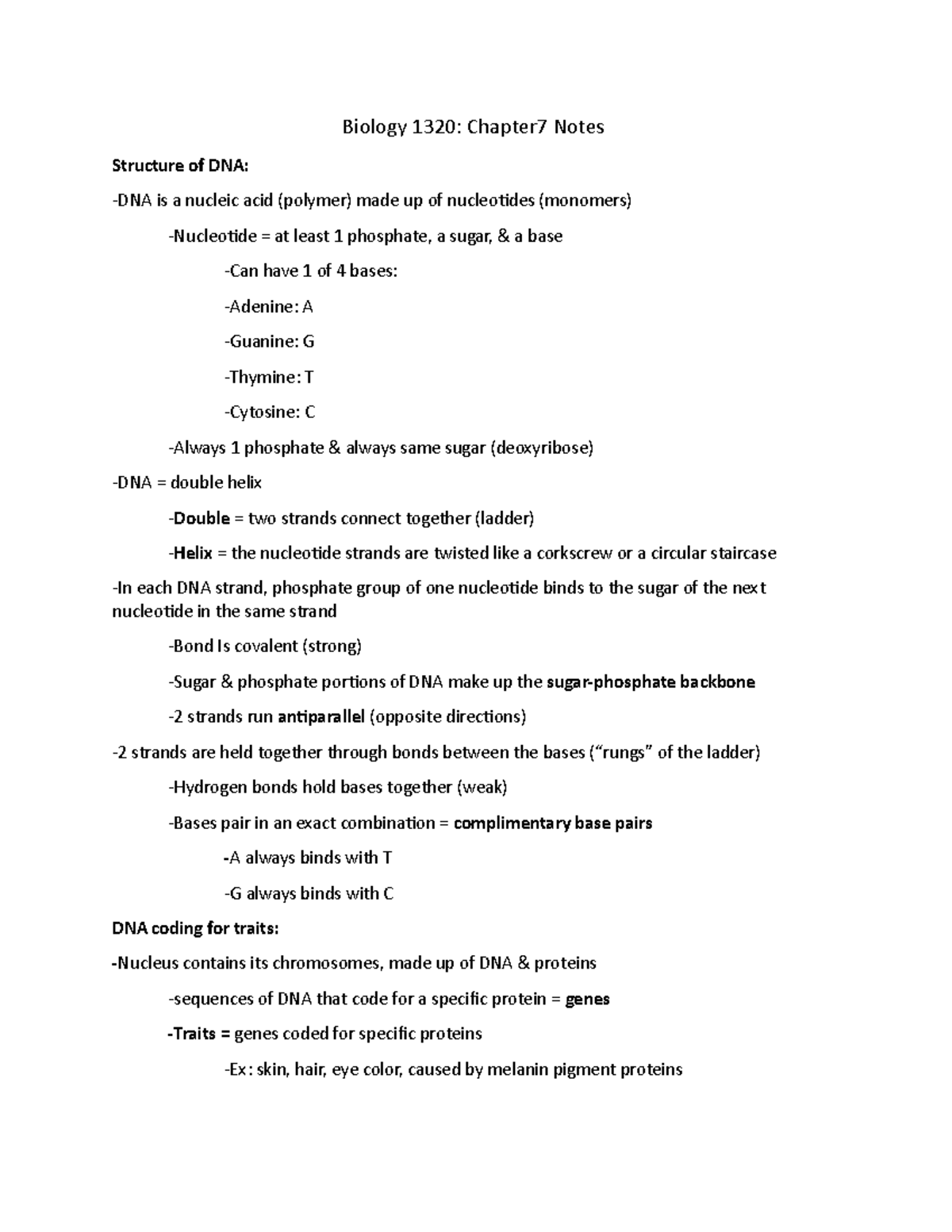 Chapter 7 - notes7 - Biology 1320: Chapter7 Notes Structure of DNA ...