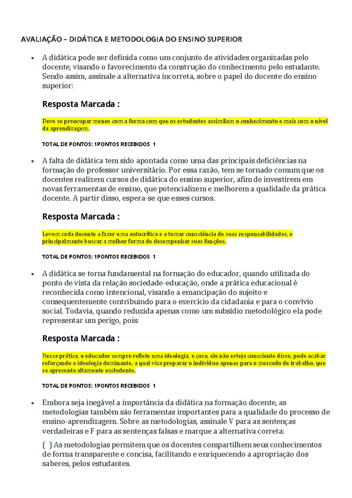 Avaliação – Didática E Metodologia DO Ensino Superior - AVALIAÇÃO ...