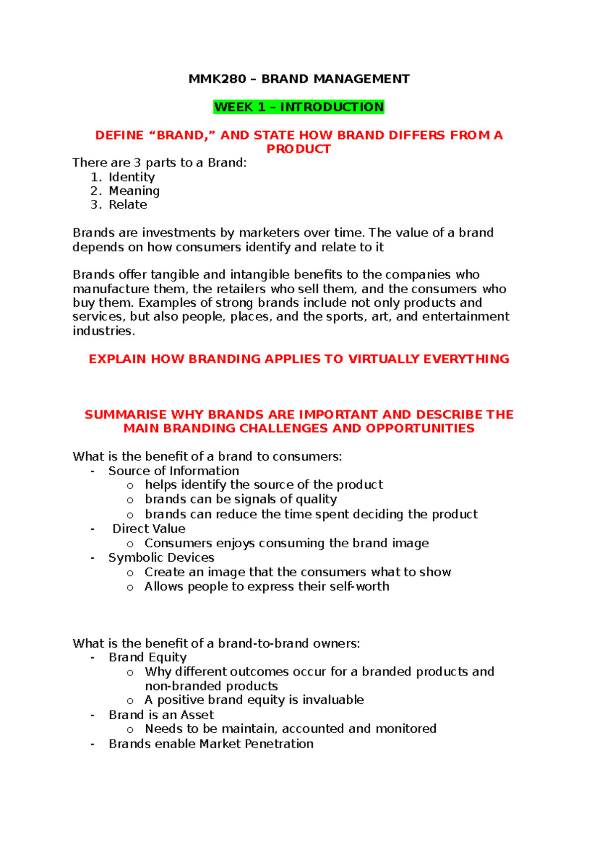 MMK280 Notes Weeks 1 to 5 - MMK280 – BRAND MANAGEMENT WEEK 1 ...