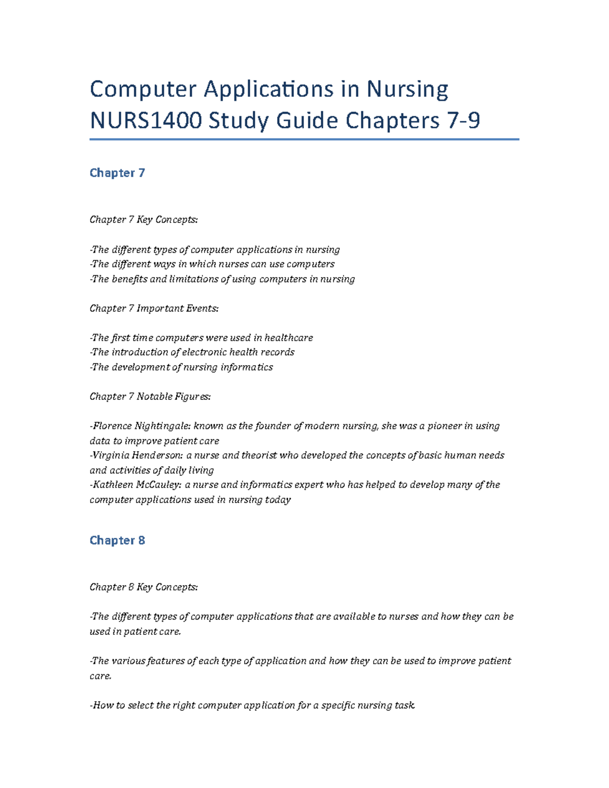 Computer Applications in Nursing NURS1400 Study Guide Chapters 7-9 ...