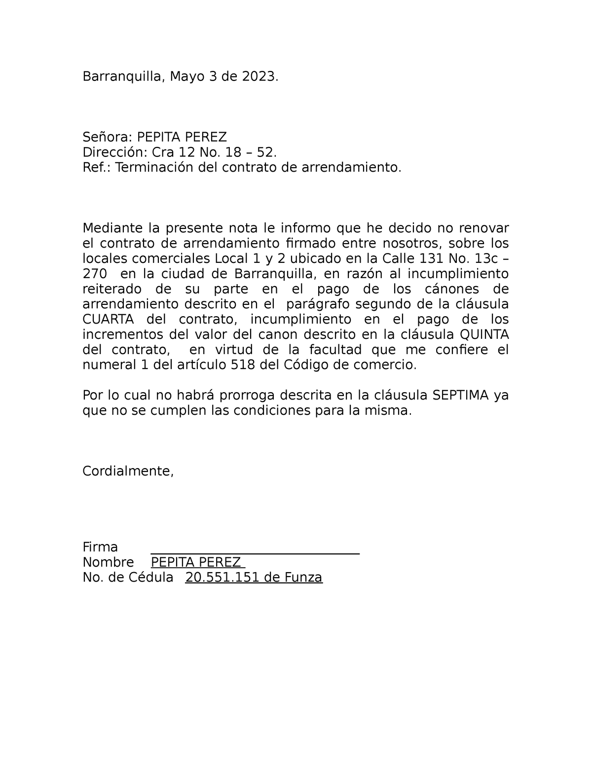 Carta terminacion de contrato Arriendo - Derecho Administrativo - UACAM ...