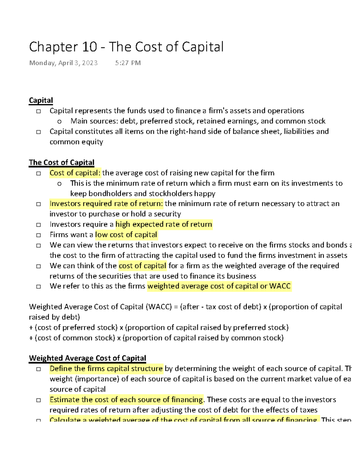 Chapter 10 The Cost of Capital Capital Capital represents the funds