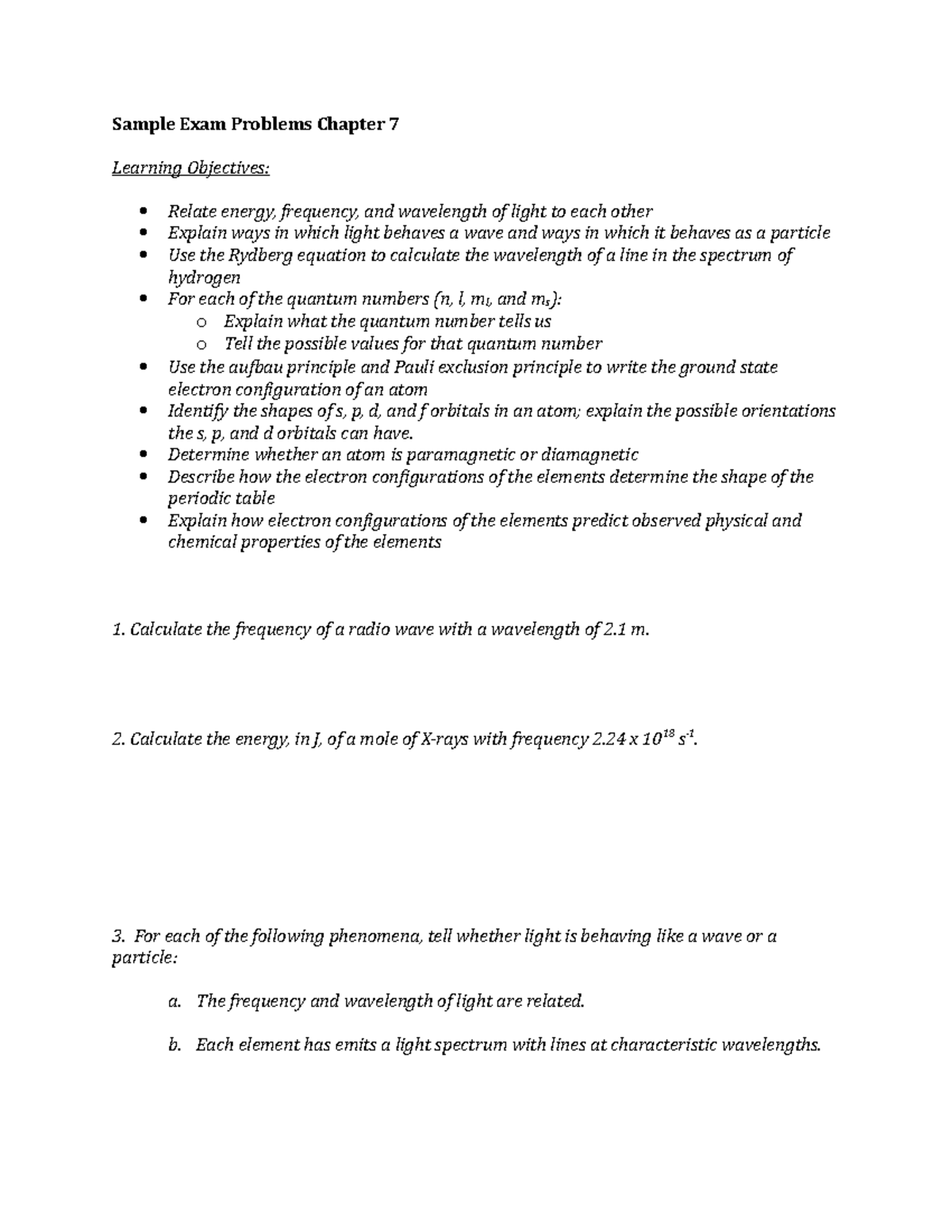 Sample Exam Problems Chapter 7 - Determine whether an atom is ...