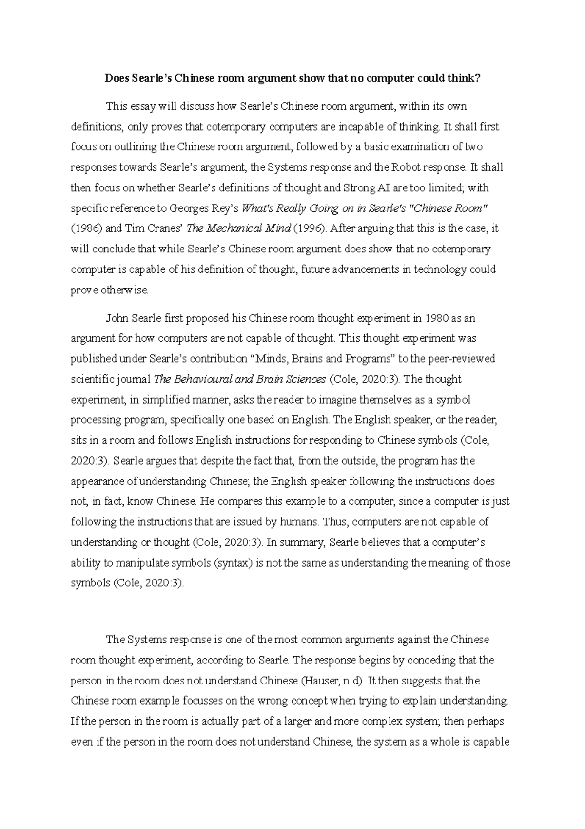 Course Hero PHI Essay 1 - Does Searle’s Chinese room argument show that ...