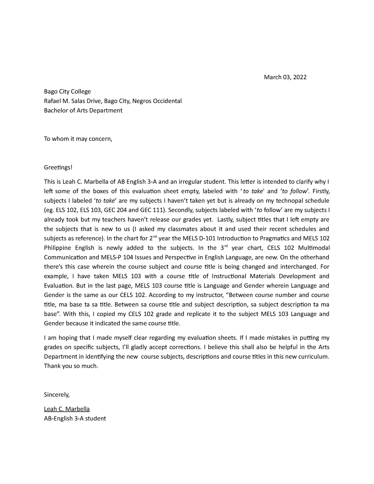 Attached- Letter about the course code and title. - March 03, 2022 Bago ...