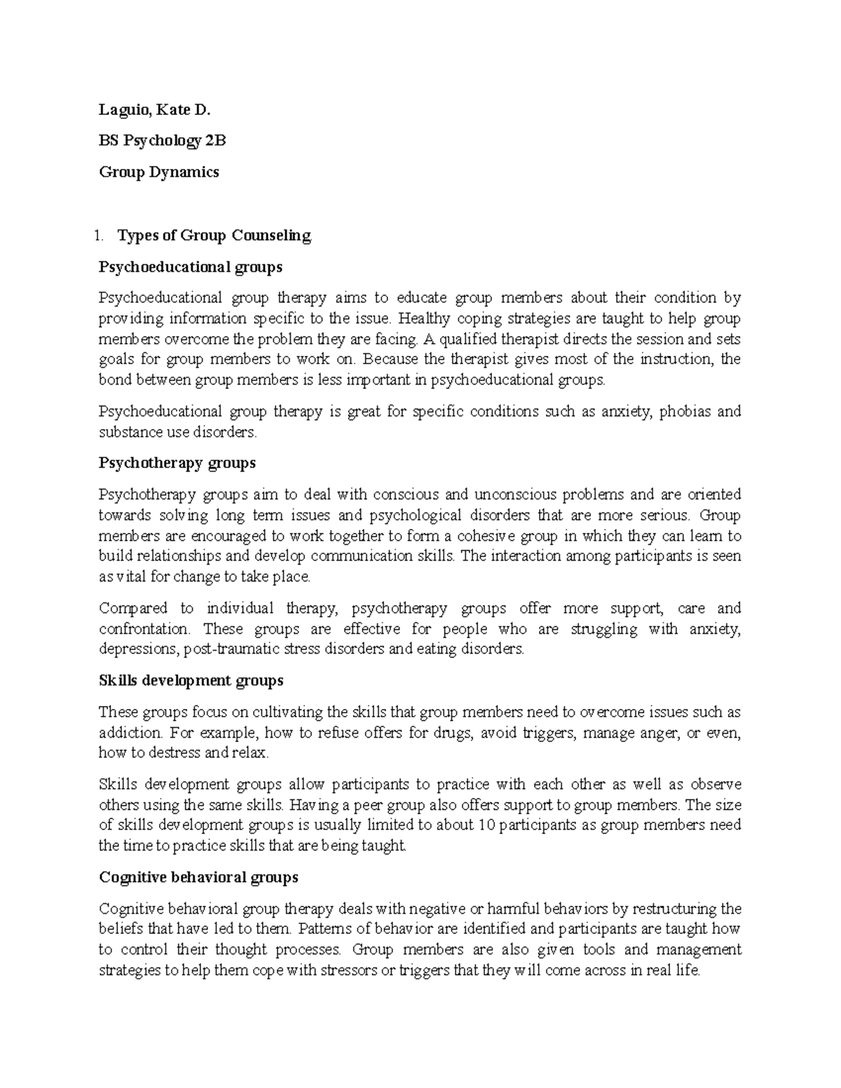 Group Dynamics_Types of Counseling, Therapy and Theories Laguio, Kate