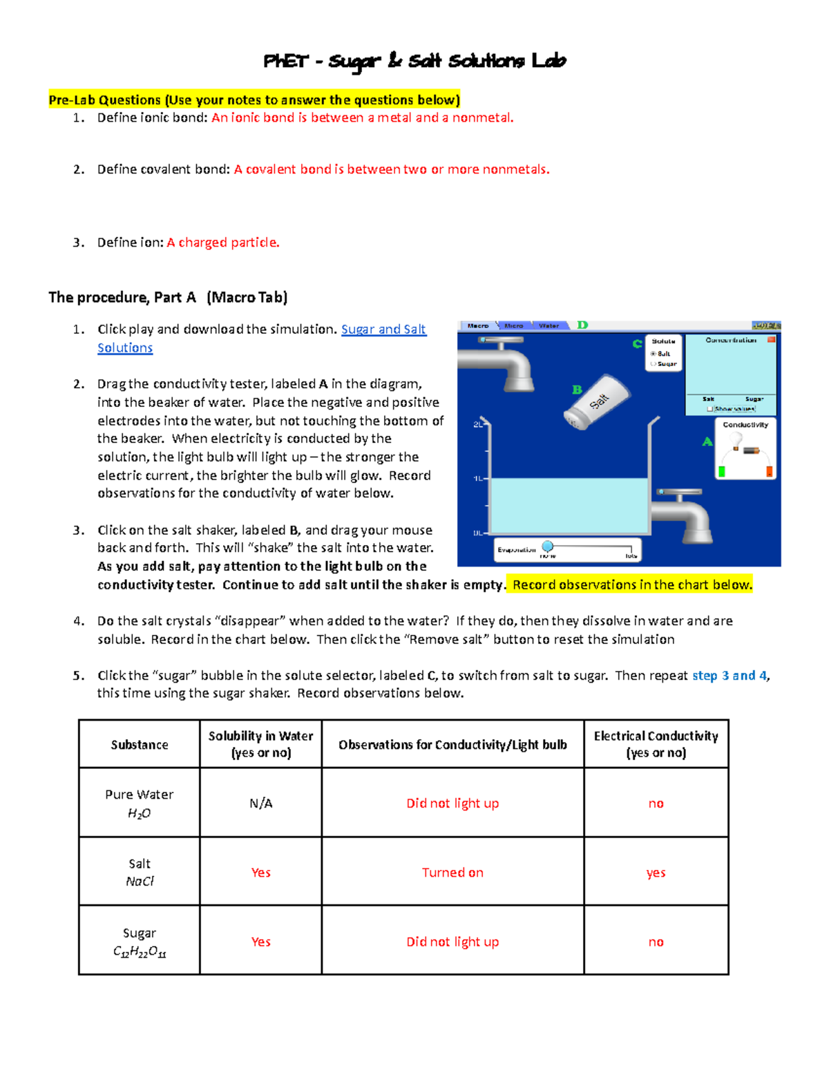 Ph ET Sugar and Salt Solutions Lab - PhET – Sugar & Salt Solutions Lab  Pre-Lab Questions (Use - Studocu