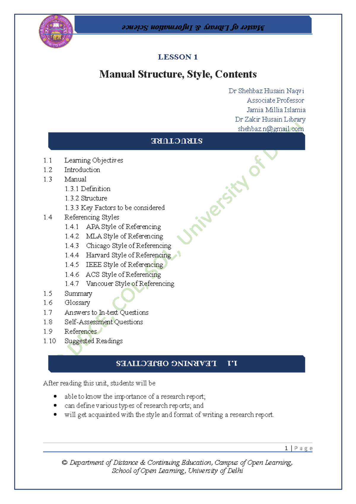 FM 105 Unit 5 Lesson 2 - Study Material - LESSON 1 Manual Structure ...