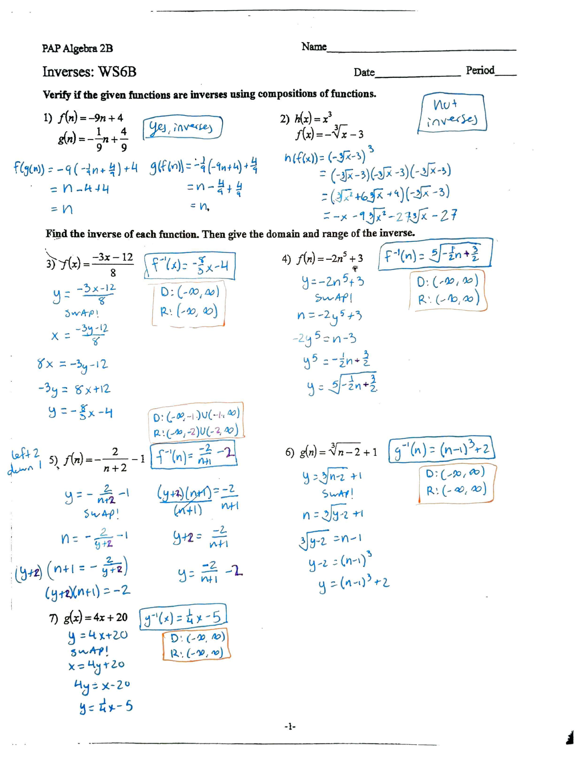 6.7 practice worksheet homework inverses key