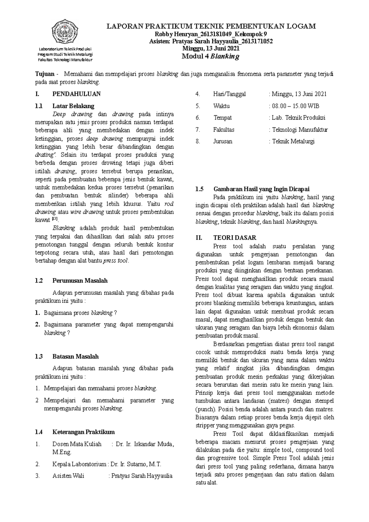 Blanking - Teknik Metalurgi - Laboratorium Teknik Produksi Program ...