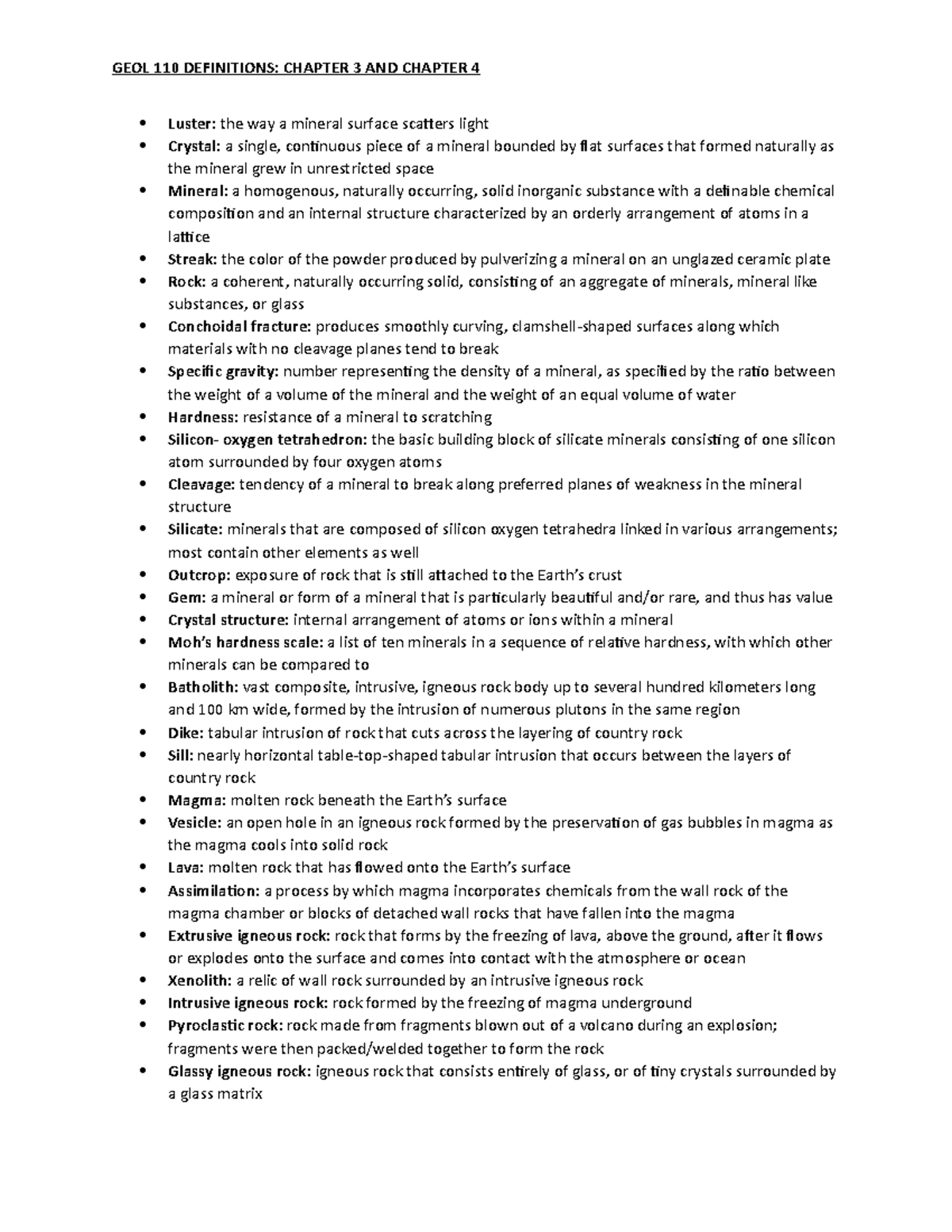 Geology 110 Chapter 3 and 4 Definitions - GEOL 110 DEFINITIONS: CHAPTER ...