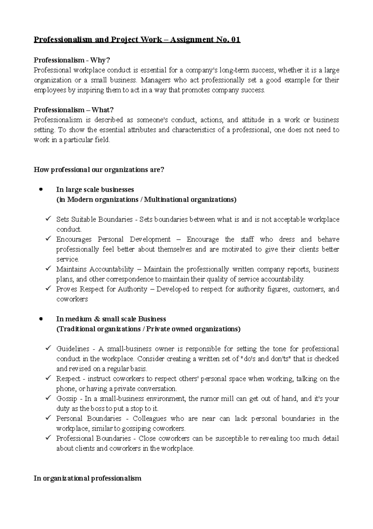 Professionalism and Project Work – Assignment No. 01 - 01 ...