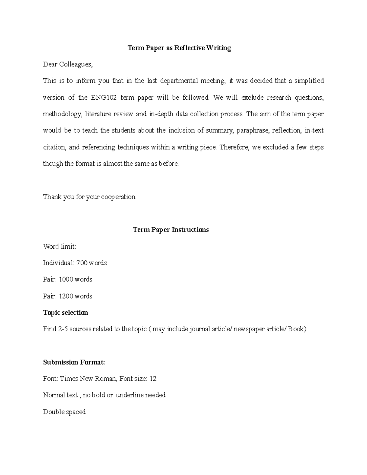 Term Paper Instructions - Term Paper as Reflective Writing Dear ...
