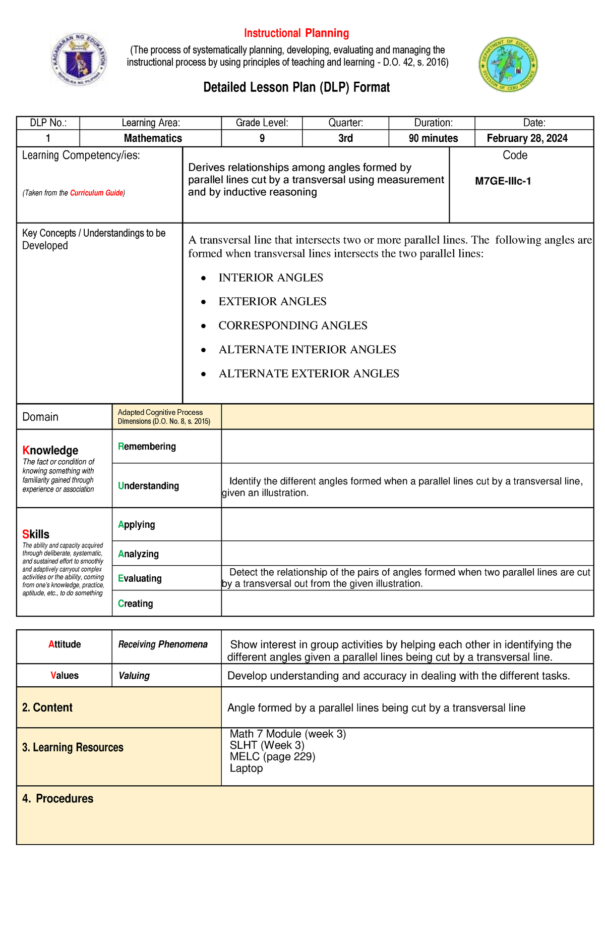 DLP 1 MATH 7 - Lesson plan - Instructional Planning (The process of ...