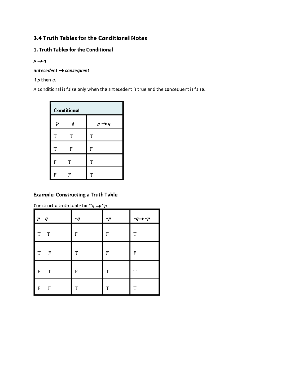 3.4 Truth Tables for the Conditional Notes - Truth Tables for the ...