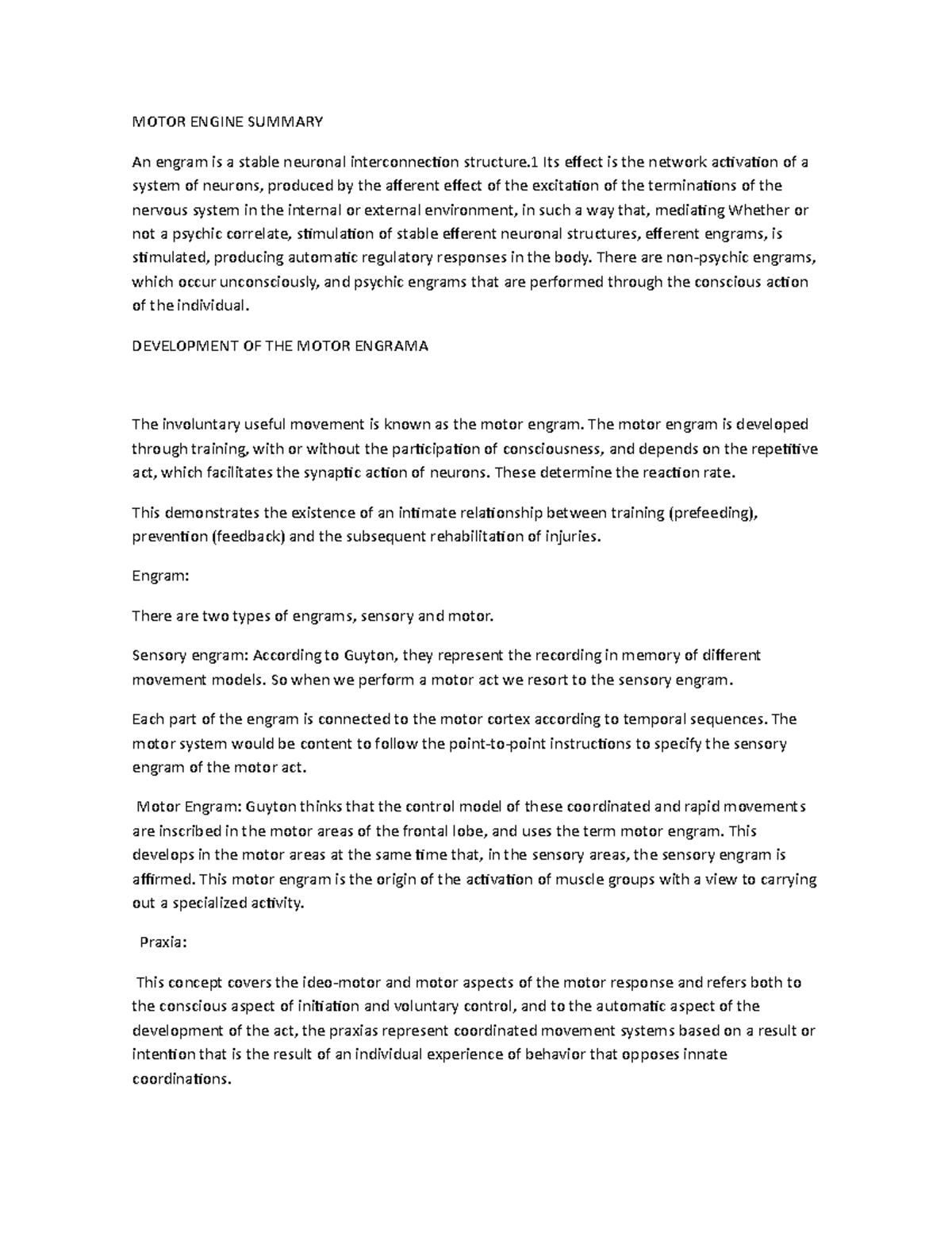 Motor Engine Summary MOTOR ENGINE SUMMARY An engram is a stable