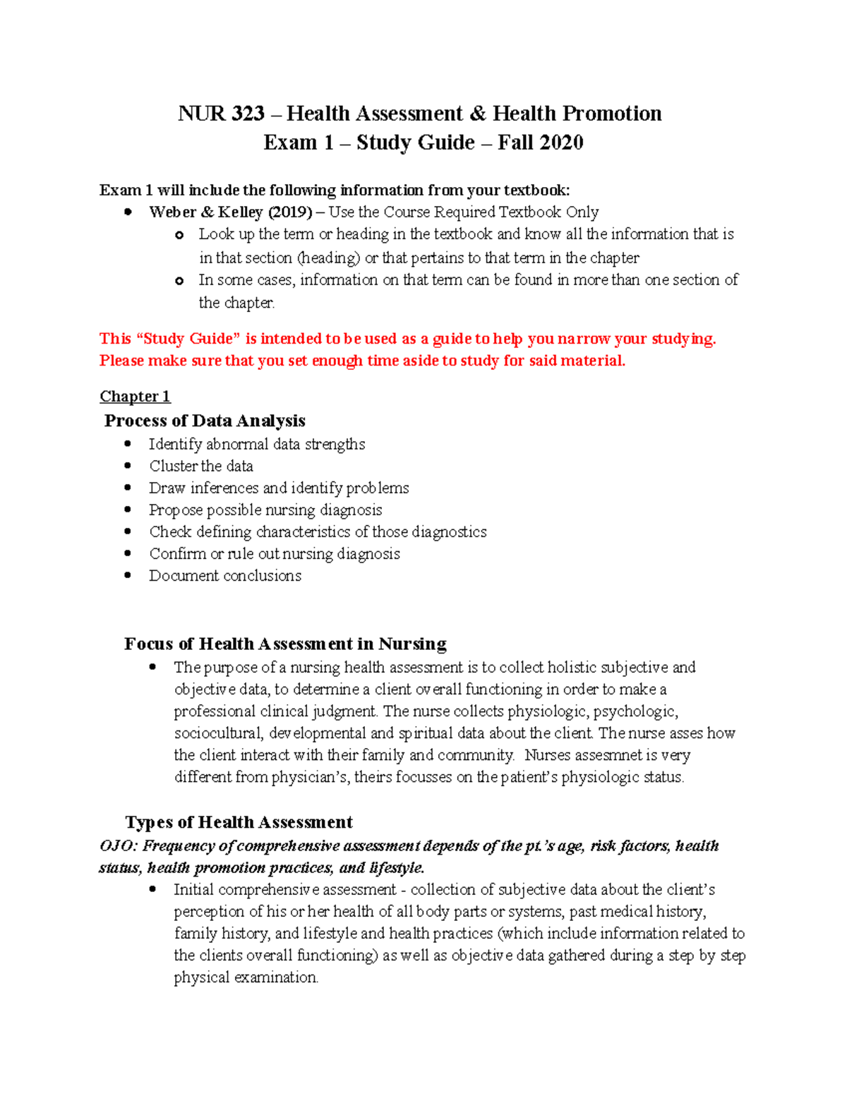 Exam 1 - Study Guide (Fall 2020) - NUR 323 – Health Assessment & Health ...