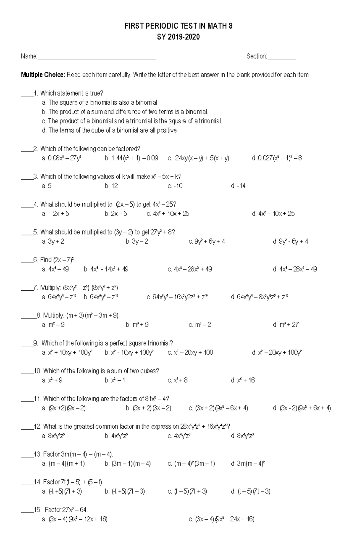 1st Qrt-Math reviewer division assessment - FIRST PERIODIC TEST IN MATH ...